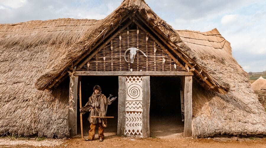 Outside of a replica Viking Long House at Butser Ancient Farm in Chalton, England.