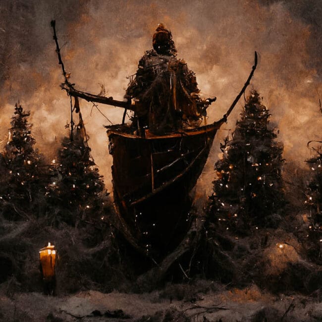 Haunting winter scene painting. A shadowy, hooded figure stands atop a podium, surrounded by lighted evergreen trees. Lanterns sit atop a blanked of snow on the ground. Though the scene is a nod to the Yuletide season, the image evokes an unsettling atmosphere.