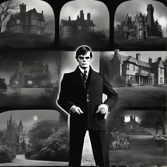 AI generated black and white image featuring Barabas Collins infront of various images of historic manor houses pictured as though they are on television screens in a similar style to the 1960's.