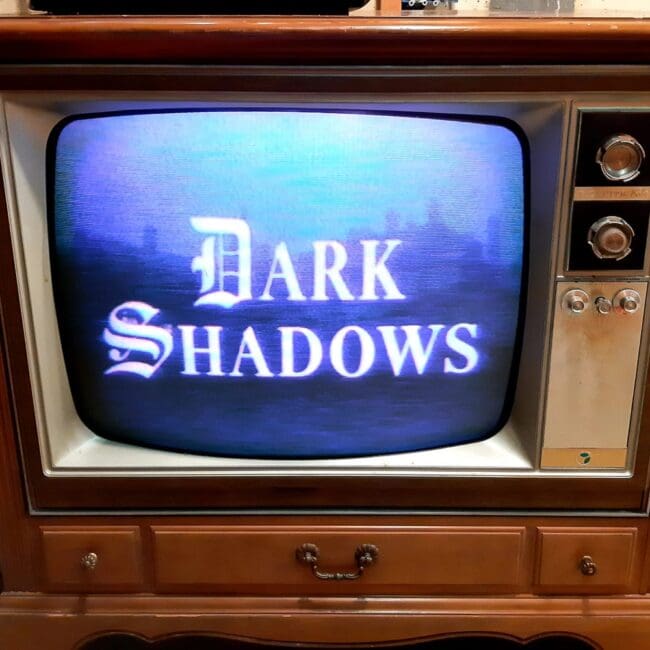 Dark Shadows show opening title displayed on a vintage television screen.