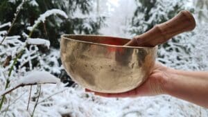 Hand holding golden singing bowl, with snowy forest in the background.