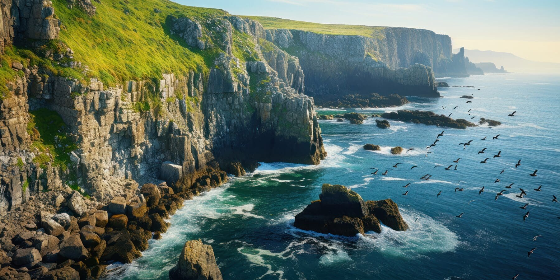 Bustling colony of seabirds clings to the stark cliffs, a stark