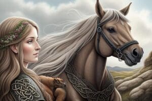 Irish Goddess standing with horse