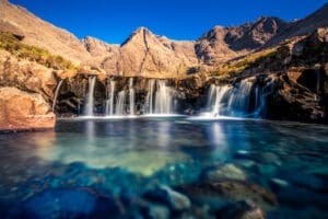 The Fairy Pools on the Isle of Skye, Scotland. Rumored to be visited by witches in Scotland, with tales of witchcraft