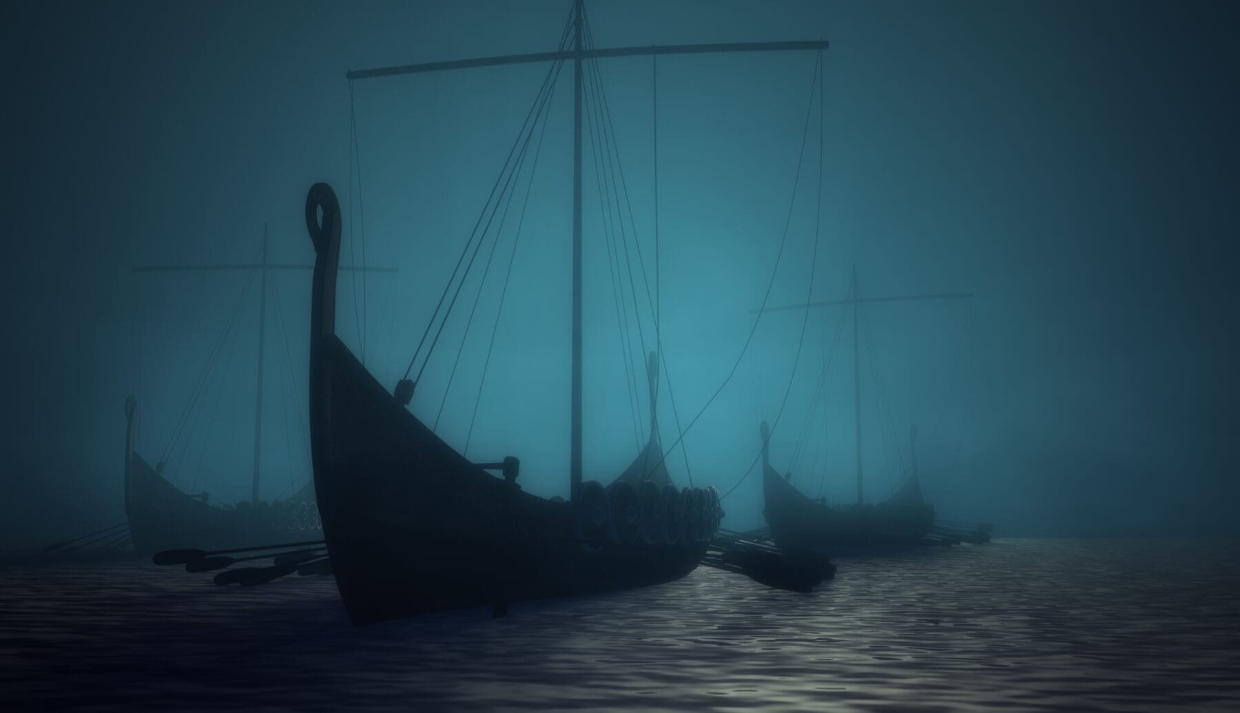 Viking Ships on a mysterious body of inky, black water