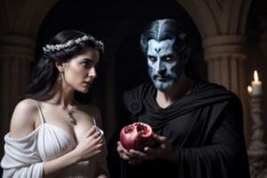 The god Hades offers Persephone the infamous pomegranate in this example of Greek folklore and legend that explains the changing of the seasons. This is an example of a story that may be passed down through sustainable tourism.