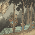 Woodblock print in colour depicting the Tengu king, Ushiwakamaru, and other tengu on Mount Kurama. Meeting a Tengu or any magical creatures could turn any adventure into a spiritual journey