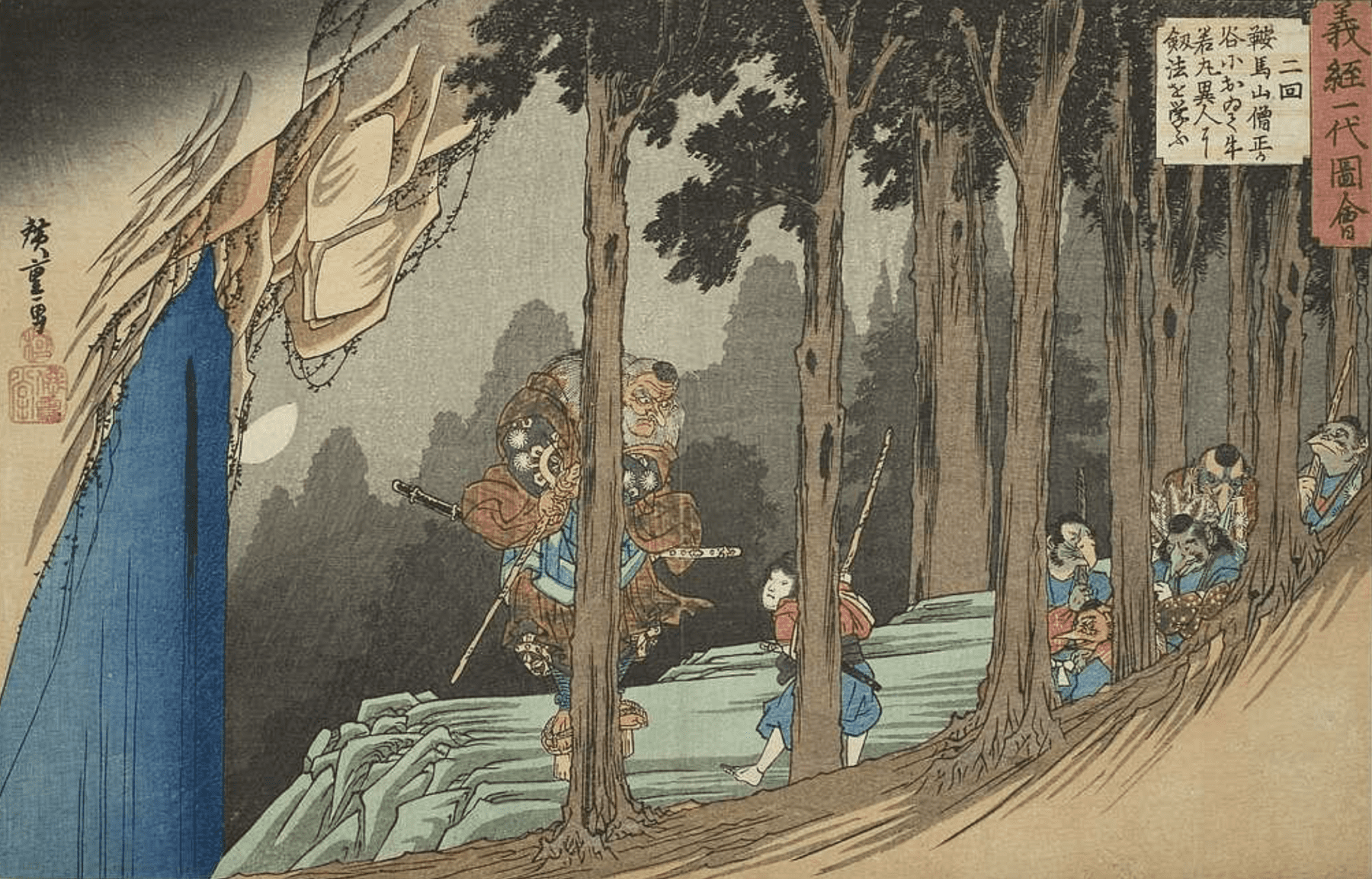 Woodblock print in colour depicting the Tengu king, Ushiwakamaru, and other tengu on Mount Kurama. Meeting a Tengu or any magical creatures could turn any adventure into a spiritual journey