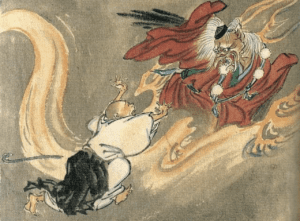 Illustration of the magical creature, the Tengu and a hapless traveller by Kawanabe Kyosai, 19th c. A reminder to be thoughtful of the environment and practice sustainable tourism.