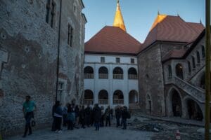 Inside the haunted courtyard of Corvin Castle, Romania. Haunted places, haunted tourism