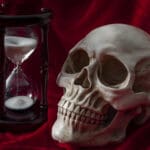 Ephemerality of life, fear of death and Memento Mori concept with a skull and vintage hourglass on red velvet background, dark tourism