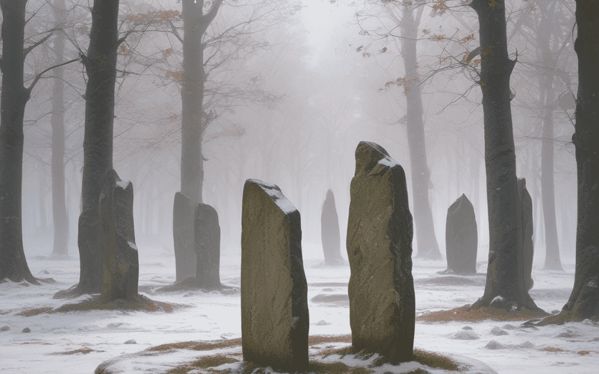 A Celtic stone circle stands inside a snowy, late autumn forest. Mysterious Adventures, Transformational Travel