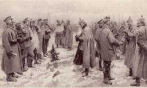 The Illustrated London News's illustration of the Christmas Truce: "British and German Soldiers Arm-in-Arm Exchanging Headgear: A Christmas Truce between Opposing Trenches"