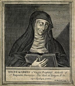 Hildegard von Bingen. Line engraving by W. Marshall. legends, adventure in travel.