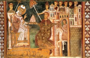 13th century fresco of Saint Sylvester and Constantine the Great. Legends, mysterious adventures